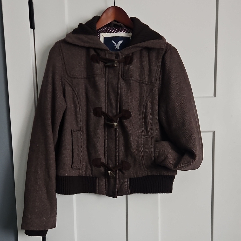 American Eagle Outfitters Brown Herringbone Bomber Jacket, Size Large